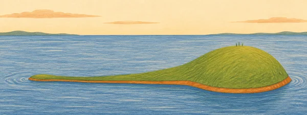 A long, low grassy island with an oversized rounded hill on the right sits in blue water beneath a warm cream sky, with distant low hills along the horizon.