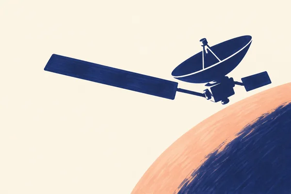 A deep-indigo hand-drawn planetary probe with a large dish, long left solar wing and shorter right wing floats above the peach-lit curved limb of a planet on a…