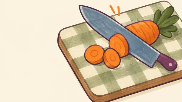 A large slate-blue knife with a plum handle crosses an orange carrot on a cream-and-sage gingham cutting board.