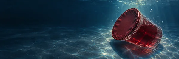 A clear cup of ruby-red liquid lies diagonally on a slate-blue floor underwater, with a burgundy circular lid and bright caustic light across the scene.