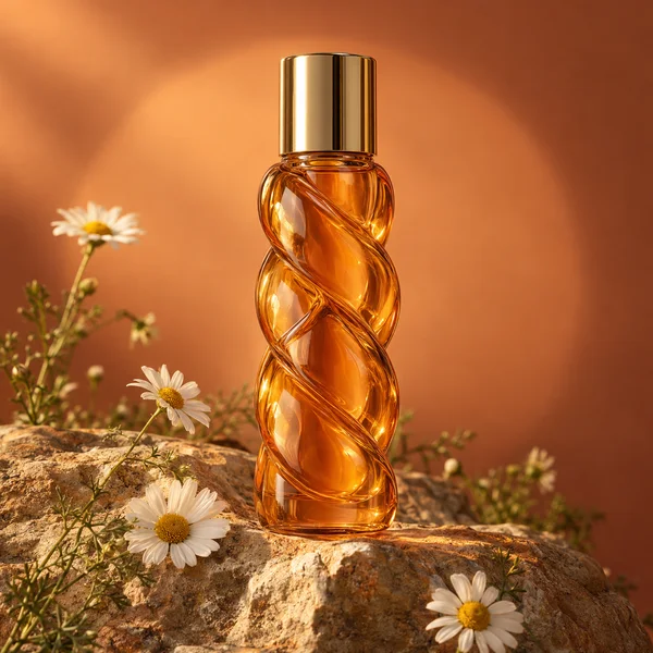 A clear amber-orange glass bottle with a sculptural braided body and metallic gold cap stands on sunlit rocks, surrounded by white daisies and green stems…