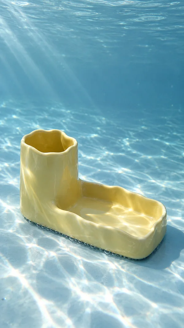 A butter-yellow ceramic desk organizer with a tall rounded pencil cup joined to a shallow tray rests on a pale blue floor underwater, with bright light…