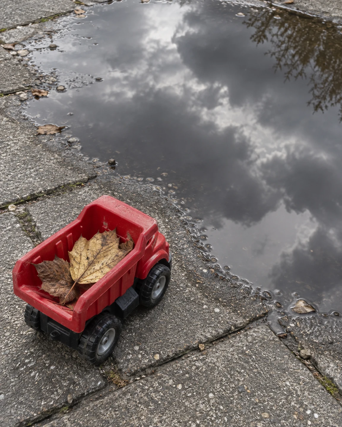 A scuffed red plastic dump truck sits on grey courtyard paving beside a shallow puddle reflecting cloudy sky and tree branches.