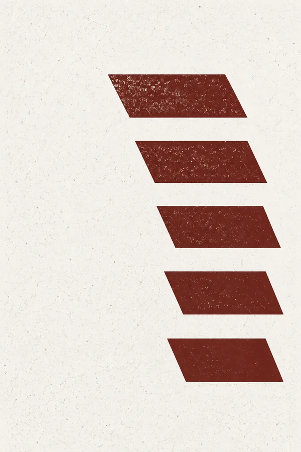 Five oxblood parallelograms form a descending, right-shifting column on a chalk-white, heavily speckled ground, with pale flecks across the tiles.