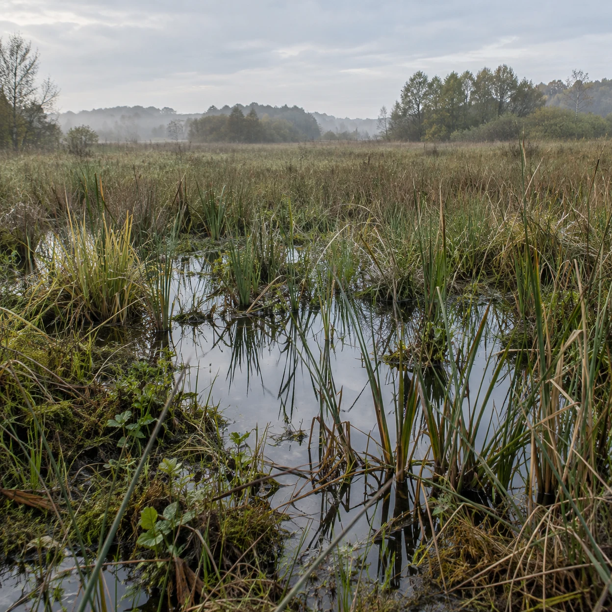 A still pool reflects the cloudy sky among dense sedges and reed stems in a wet meadow, with a mist-softened line of trees in the distance.