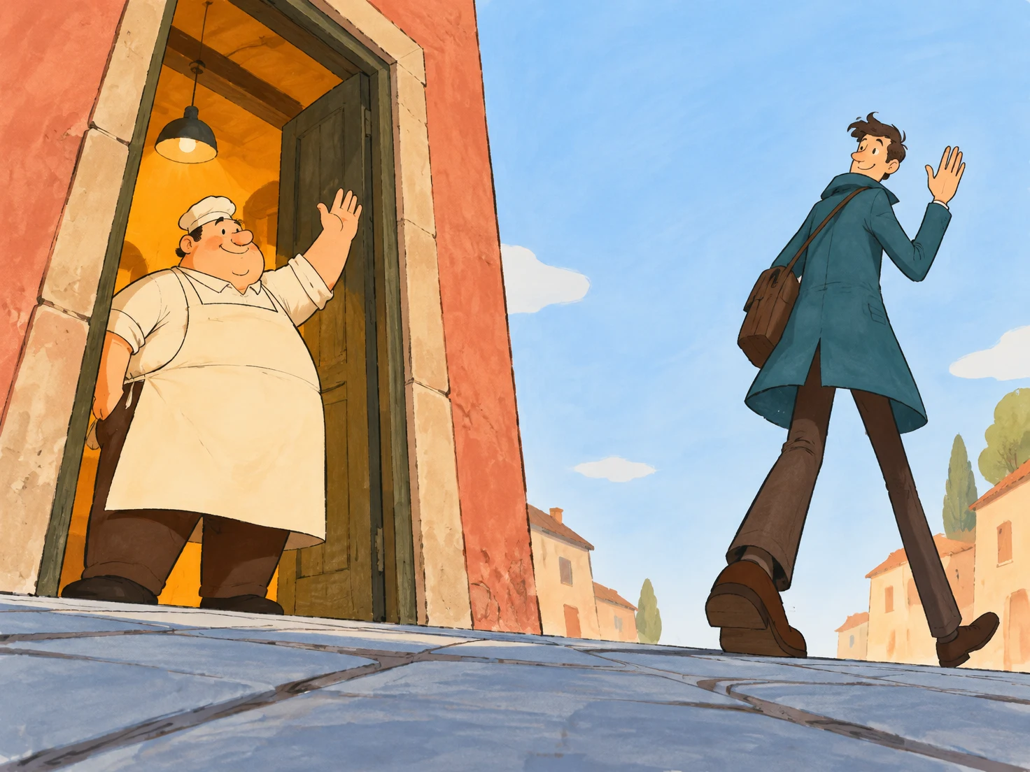 A stout baker in a cream apron and cap waves from a warmly lit, tall doorway while a lanky person in a teal coat walks away across blue pavement and looks back…
