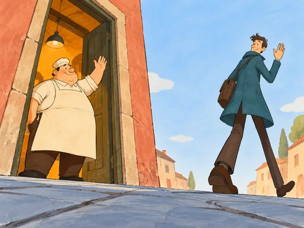 A stout baker in a cream apron and cap waves from a warmly lit, tall doorway while a lanky person in a teal coat walks away across blue pavement and looks back…
