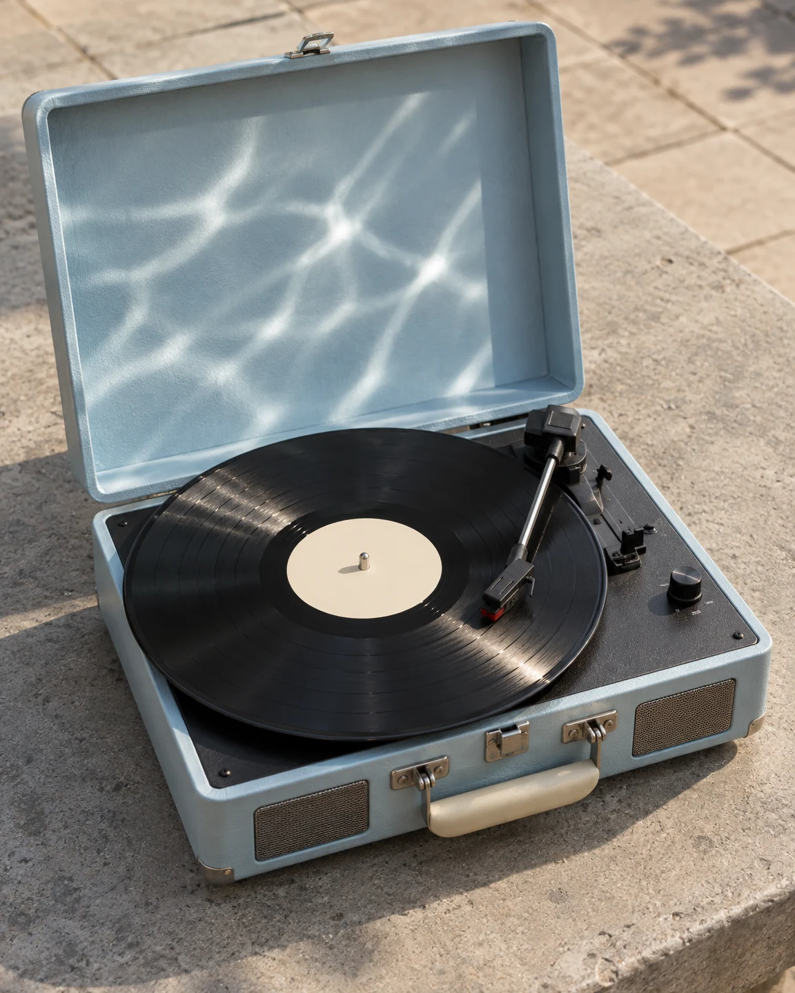 An open pale blue portable record player sits on a concrete courtyard table, viewed from above at an angle.
