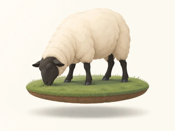 A cream-colored sheep with a charcoal face and legs grazes on a floating oval patch of green grass above an ivory background, with a soft shadow below.