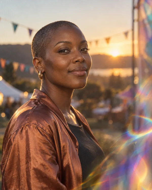 A woman with closely shaved hair and a copper-colored jacket poses at an outdoor festival at sunset, with blurred pennant strings behind her and colorful…