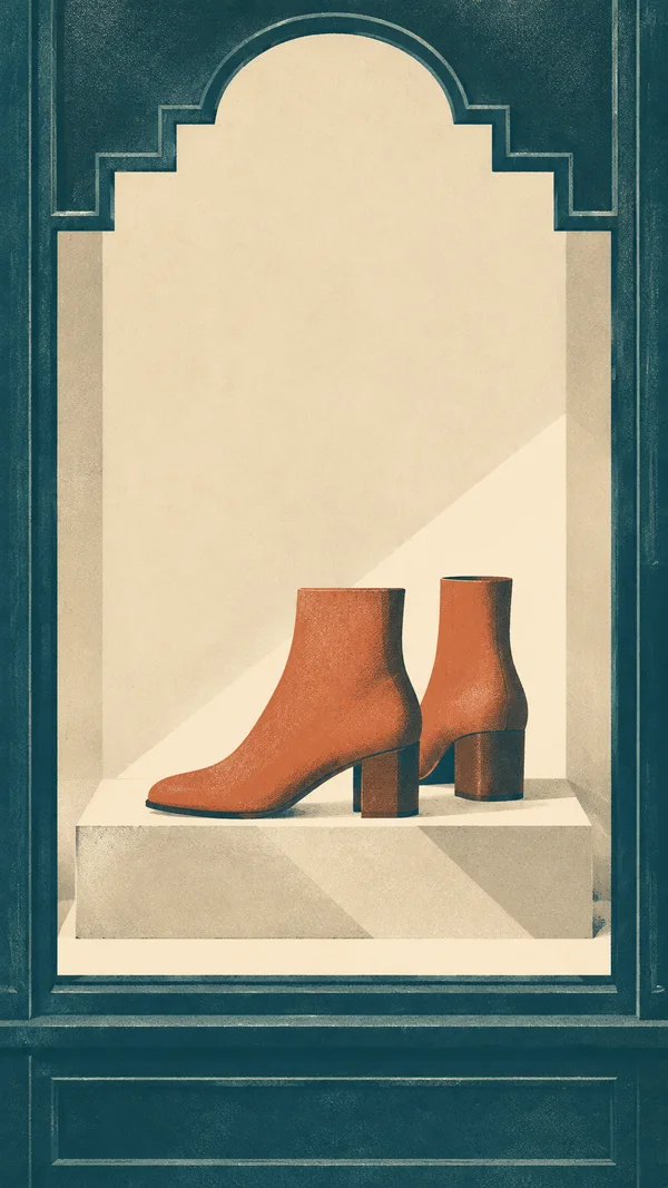 Two terracotta ankle boots sit on a cream stepped plinth inside a deep teal display window framed by a stepped arch.