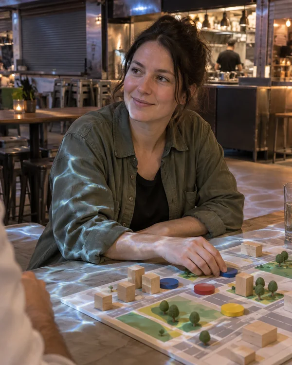 A woman in an olive overshirt sits at a communal table, smiling slightly as she looks off-frame.