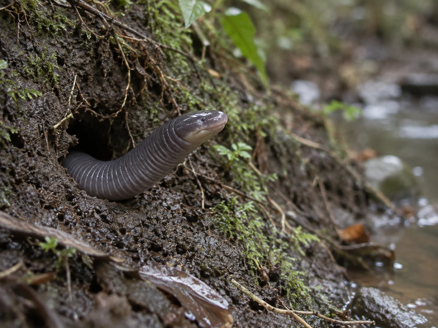 A ringed slate-violet caecilian emerges from a dark burrow in wet, mossy soil beside a softly blurred stream.