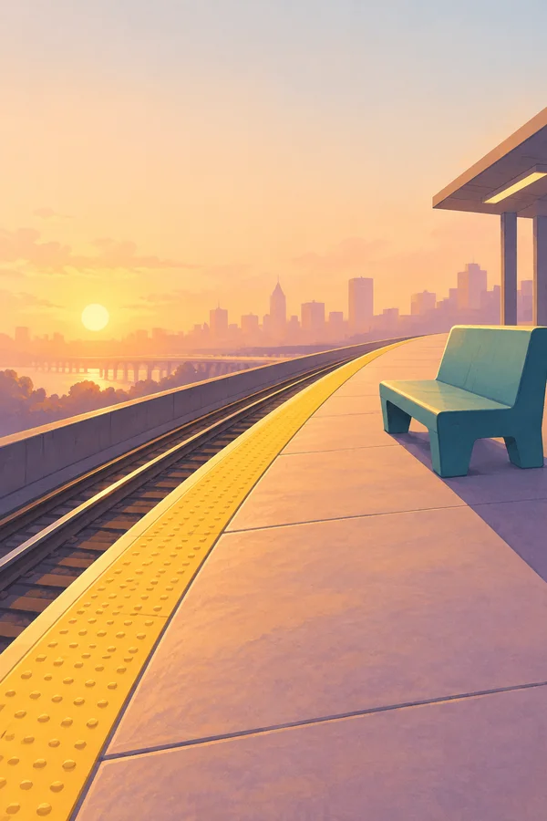 An empty elevated metro platform with a broad yellow tactile safety strip and two rails running diagonally toward a teal bench.