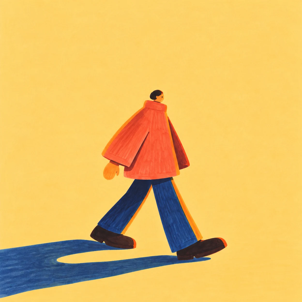 A stylized figure with a small round head, broad coral coat, long blue trousers and oversized dark shoes walks to the right across a pale amber ground.