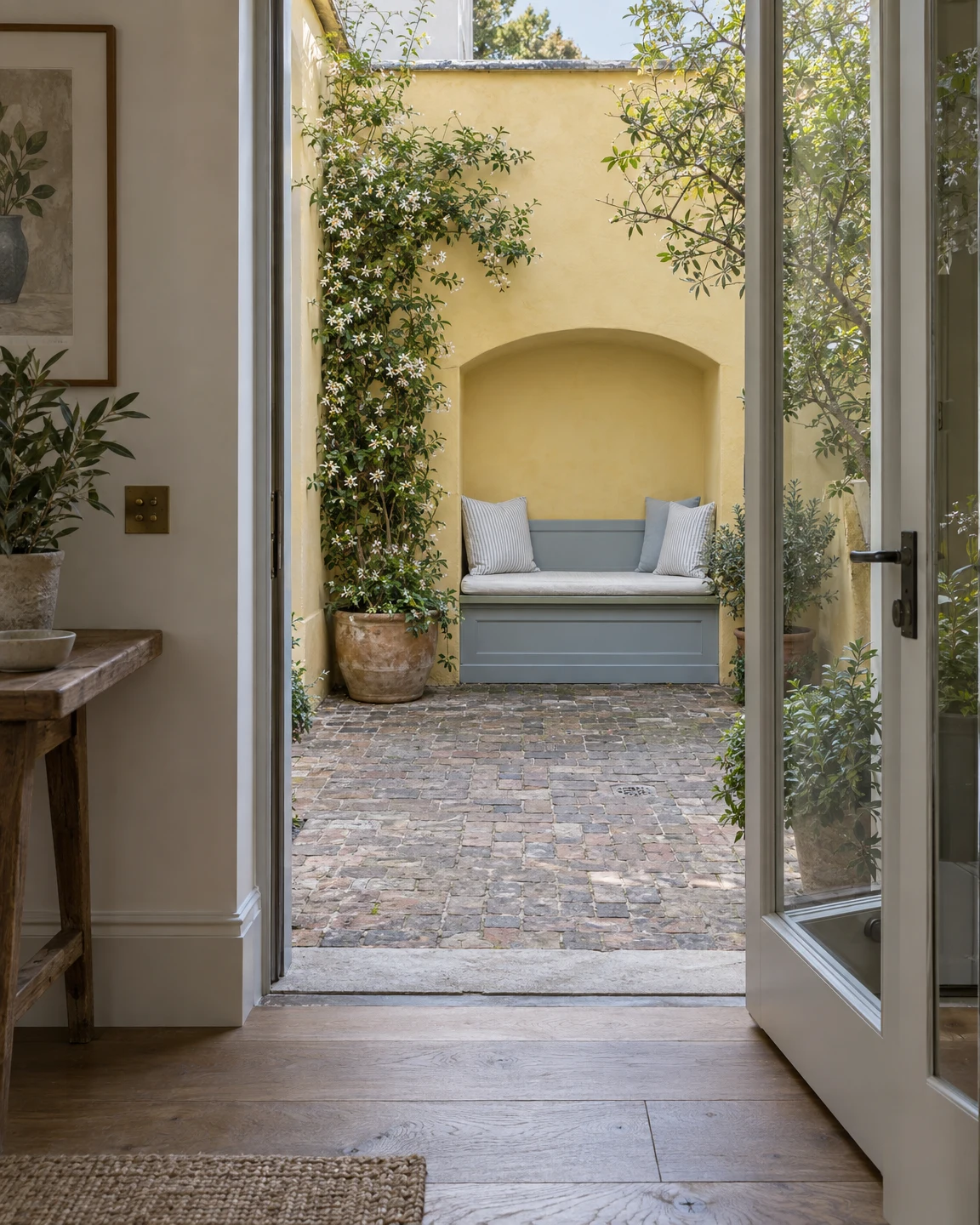 An open glazed door frames a small brick-paved courtyard with a pale-blue built-in bench in a yellow arched recess.