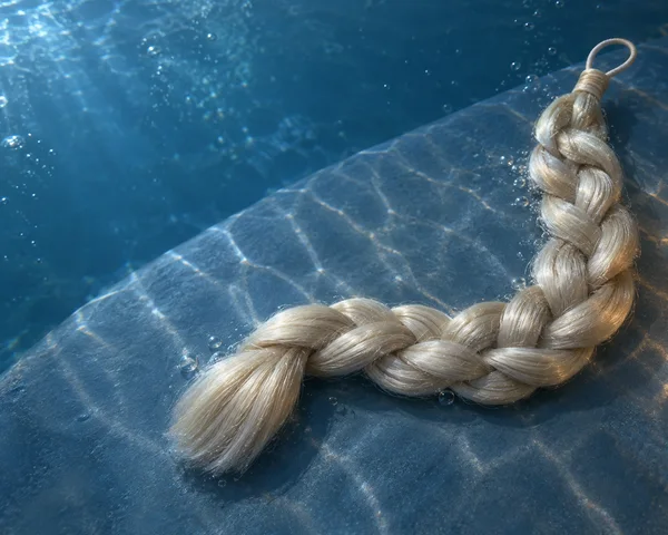 A pearl-blonde braided hair extension with a loop at one end curves across a slate-blue platform underwater, surrounded by small bubbles and rippling light.