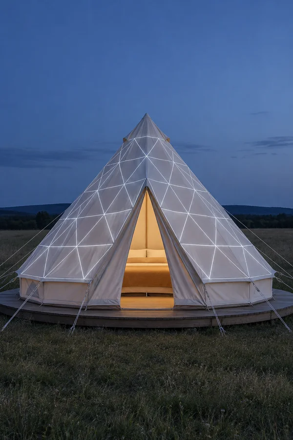 A centered cream-colored bell tent with a triangular white light pattern stands on a circular timber platform in a dark meadow at blue hour; its open entrance…