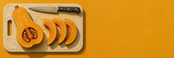 An overhead carved-relief style arrangement of a halved butternut squash and three crescent slices on an ivory chopping board, with a kitchen knife along the…