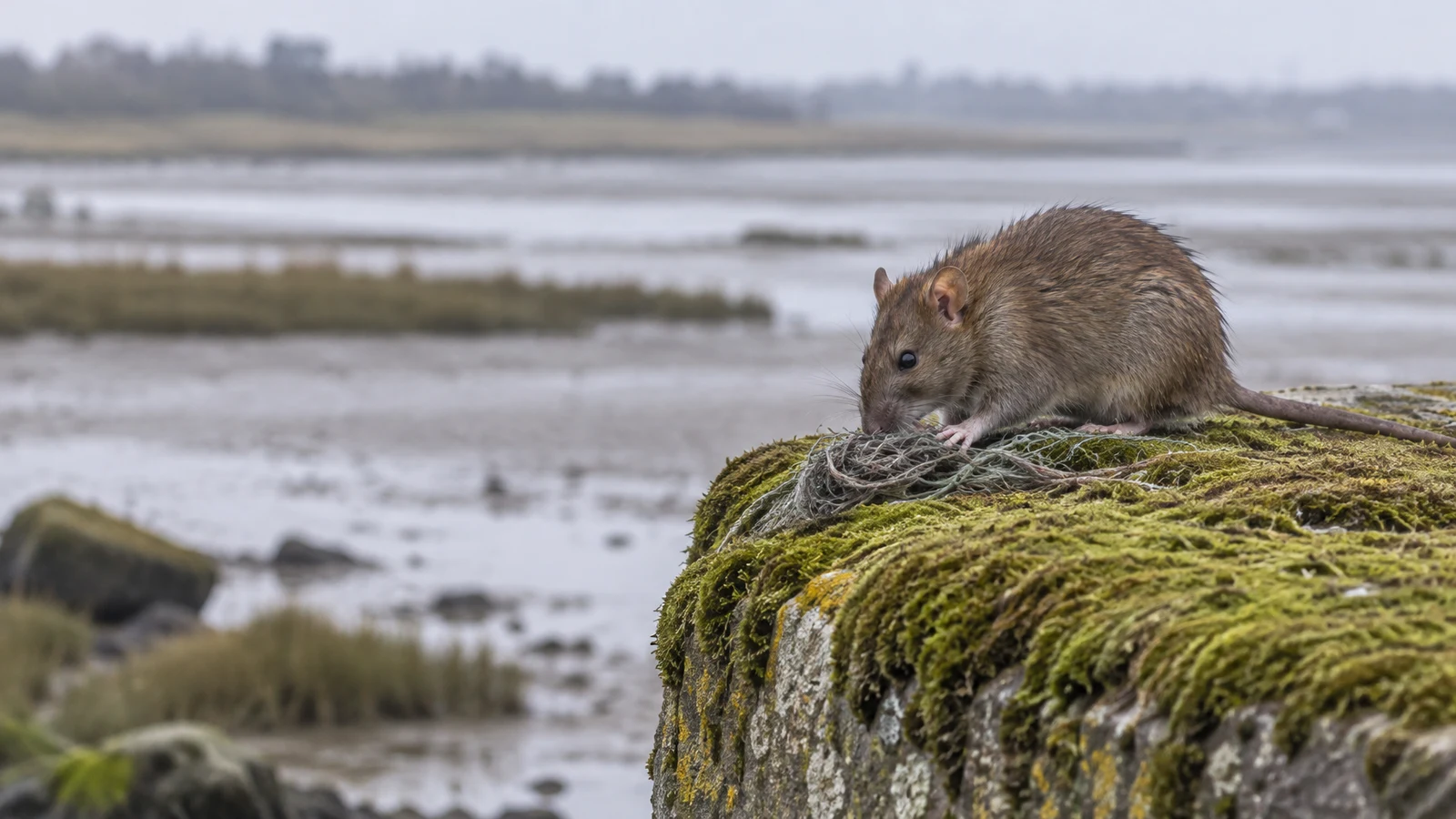A brown rat sniffs and tests a tangle of grey fishing twine with its forepaws on a moss-covered stone wall above a blurred estuary and mudflats.