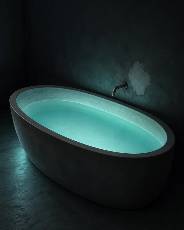 A deep oval freestanding bathtub filled with luminous aqua water sits in a dark plaster bathroom, with a small wall-mounted metal spout and an irregular pale…