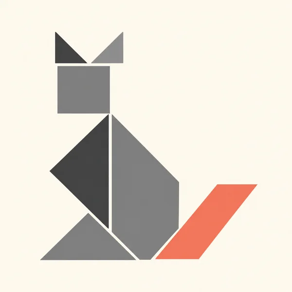 An overhead geometric cat made from charcoal, grey and coral shapes on a warm ivory background, with pointed ears, a square head, a seated body and a tail…