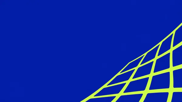 A bright chartreuse lattice of elongated quadrilateral cells stretches diagonally across the lower-right of a deep blue landscape graphic, leaving most of the…