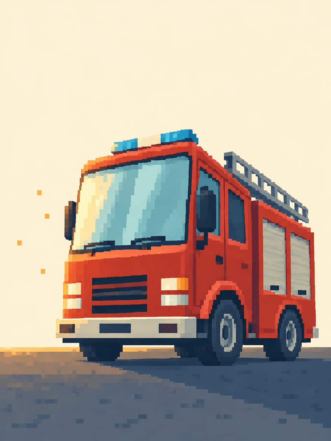 A red fire engine with a tall icy-cyan windshield, roof ladder and two visible wheels sits on a blue-grey apron in warm light, with a long shadow and small…