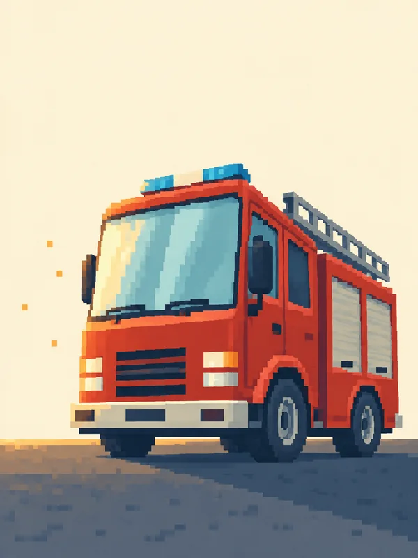 A red fire engine with a tall icy-cyan windshield, roof ladder and two visible wheels sits on a blue-grey apron in warm light, with a long shadow and small…