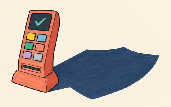 A tall coral payment terminal with a mint checkmark, six colored square buttons and a card slot stands on a warm cream surface, casting a large navy…