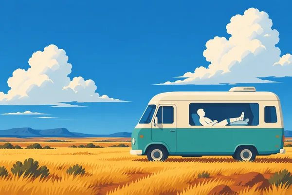 A turquoise-and-cream vintage camper sits in golden grassland beneath a broad blue sky with large white clouds.