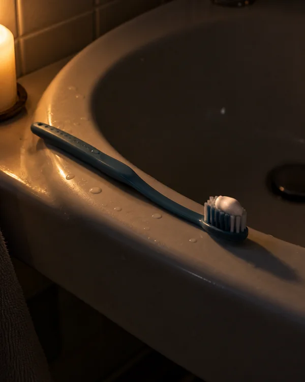 A muted-blue toothbrush with white toothpaste lies diagonally across the wet rim of a ceramic bathroom sink.