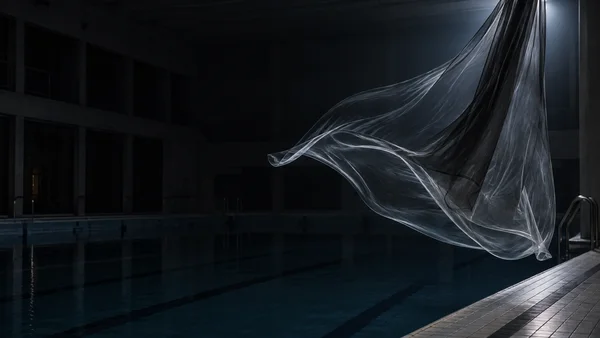 A large translucent smoky-grey sheet billows above the tiled edge of a dark indoor swimming pool, with silver-blue highlights tracing its folds; shadowed pool…