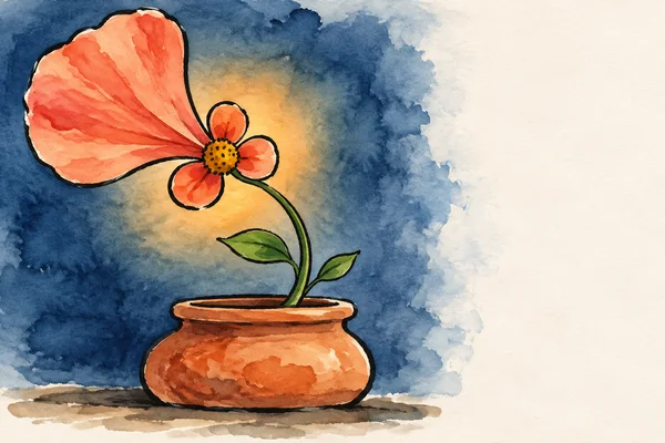A hand-drawn watercolor illustration of a coral flower with one oversized fan-shaped petal, a curved green stem and two leaves, growing from a squat terracotta…