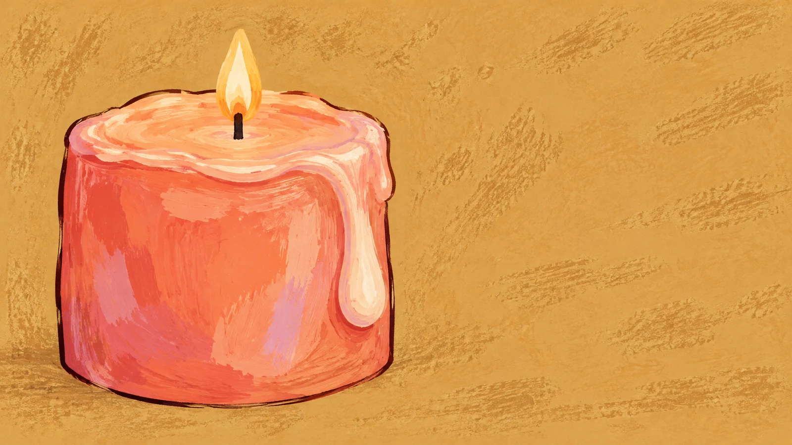 A broad coral pillar candle with a large cream-colored drip down its right side and a golden flame sits against a textured ochre background, with open space to…