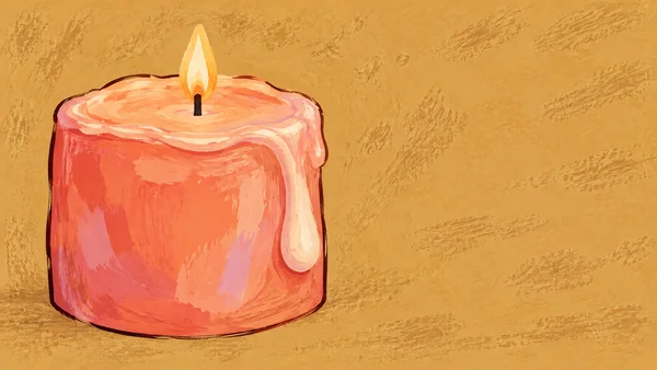 A broad coral pillar candle with a large cream-colored drip down its right side and a golden flame sits against a textured ochre background, with open space to…
