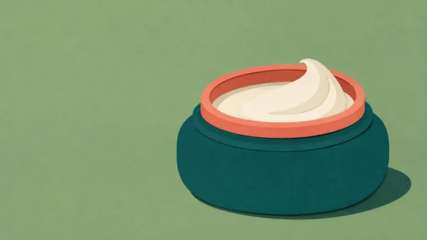 An oversized open deep-teal moisturiser pot with a thick coral rim and a broad ivory cream curl sits against a sage background, with a dark teal shadow…