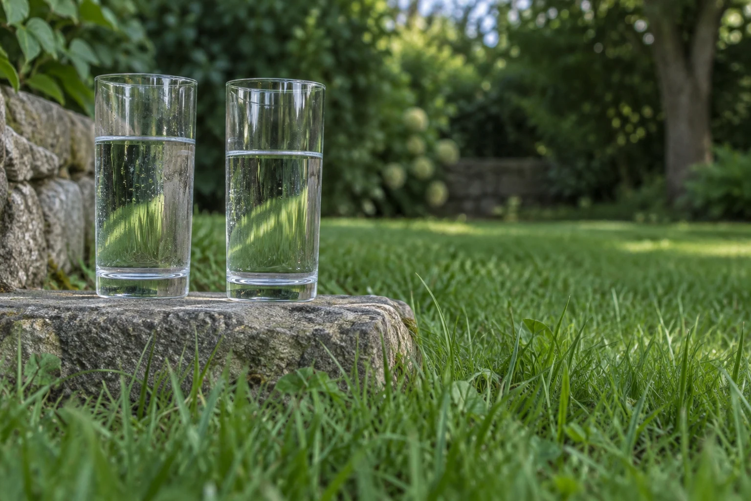 Two clear highball glasses filled with water stand side by side on a rough grey stone garden step, with green lawn and softly blurred garden foliage behind…