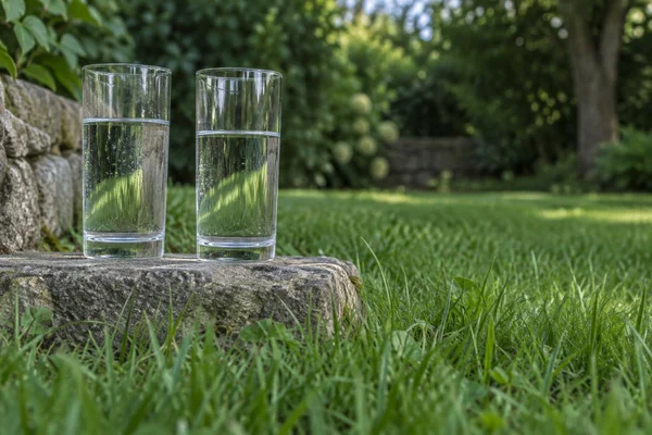 Two clear highball glasses filled with water stand side by side on a rough grey stone garden step, with green lawn and softly blurred garden foliage behind…