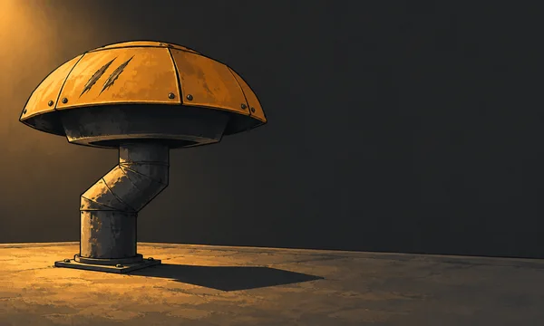 A broad amber metal ventilation hood sits on a charcoal duct with a sideways bend, mounted on a textured rooftop.