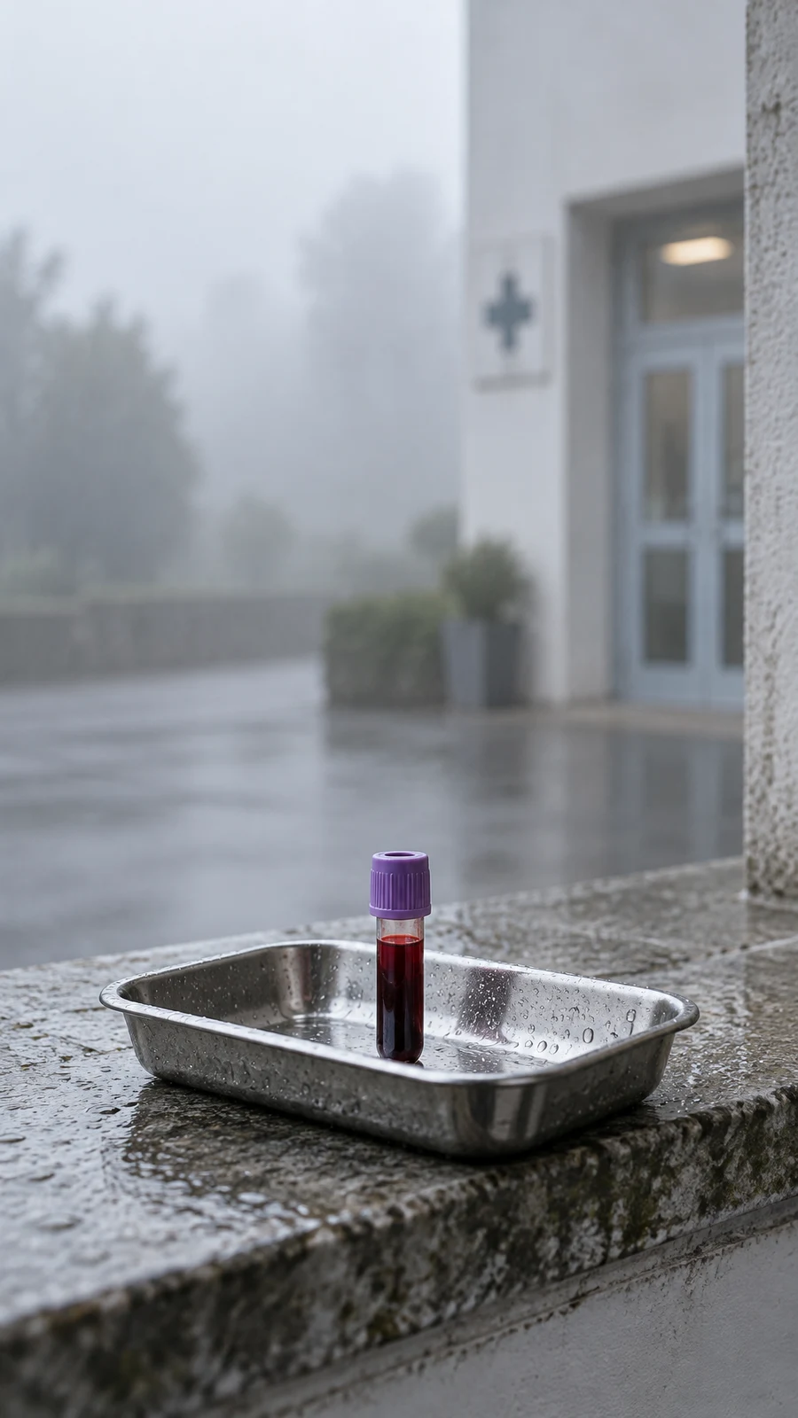 An upright glass blood collection tube with a dark red sample and lavender cap sits in a rain-speckled stainless steel tray on a wet, weathered stone sill.