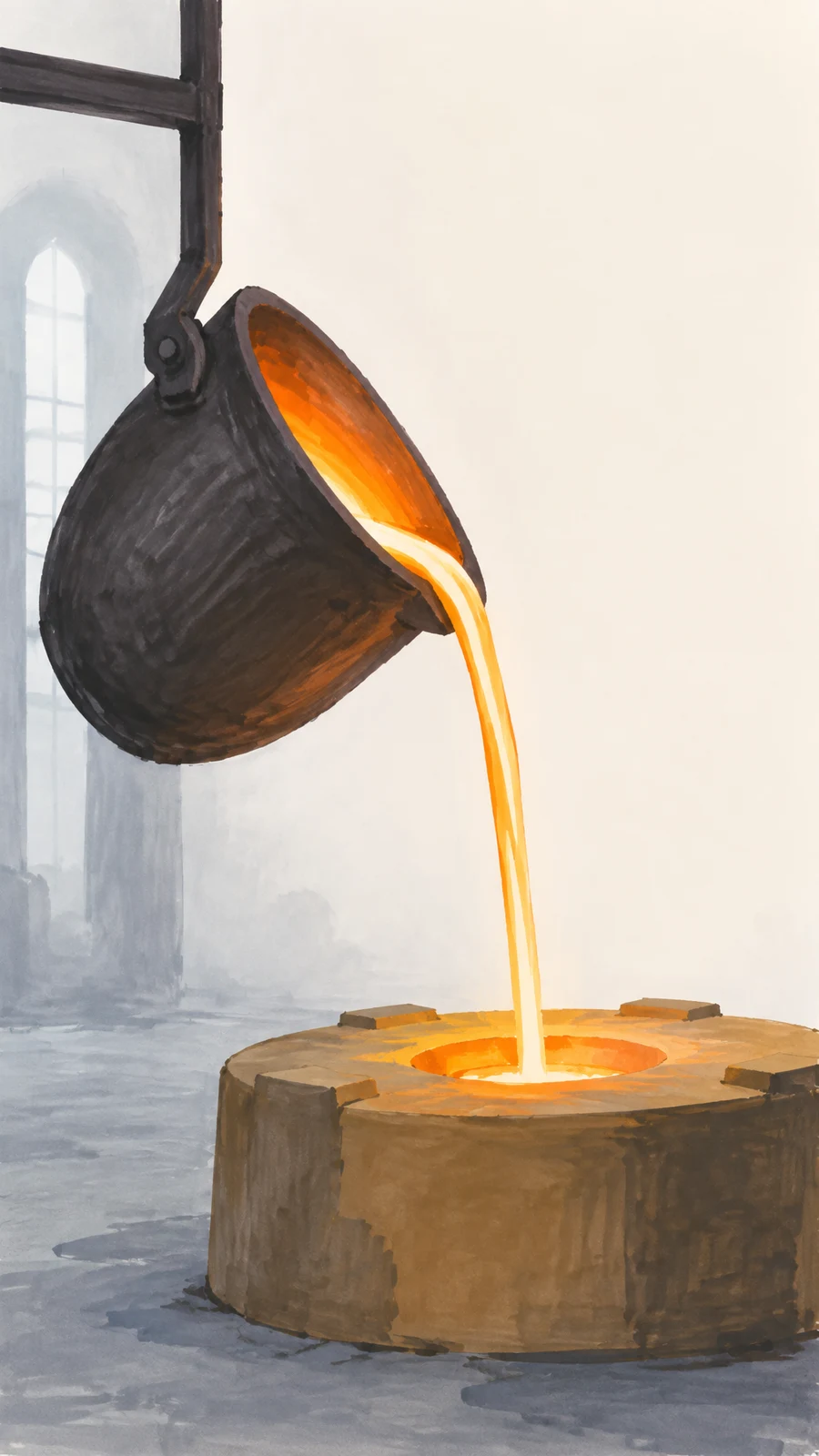 A dark pear-shaped ladle hangs from a heavy support at left, pouring a bright orange-white stream into the circular cavity of a broad ochre sand mold in a pale…