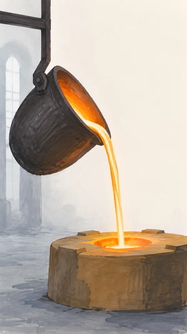 A dark pear-shaped ladle hangs from a heavy support at left, pouring a bright orange-white stream into the circular cavity of a broad ochre sand mold in a pale…