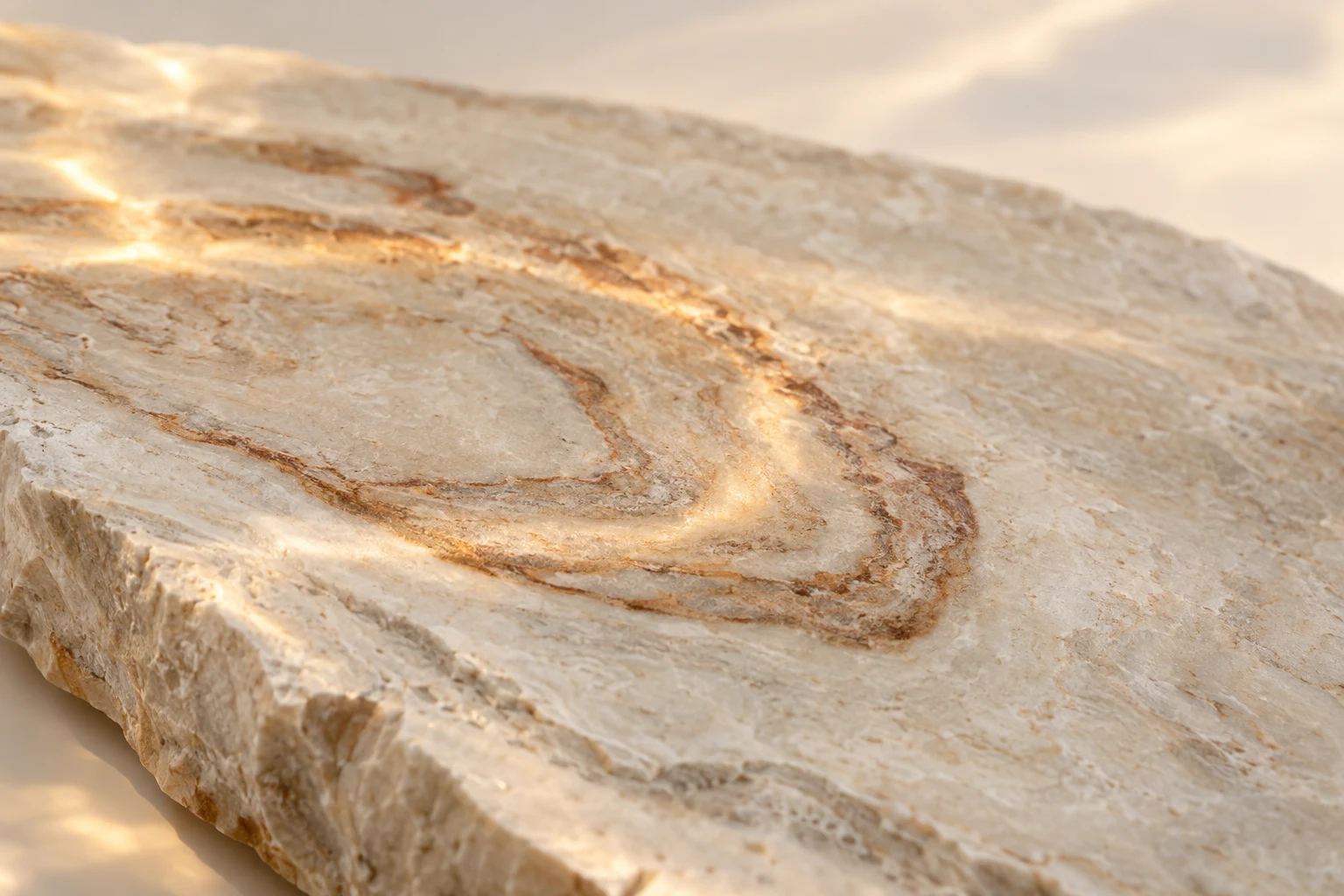 A pale cream stone slab fills the frame, with rust-colored mineral bands curling across its surface and warm amber highlights tracing parts of the pattern; the…
