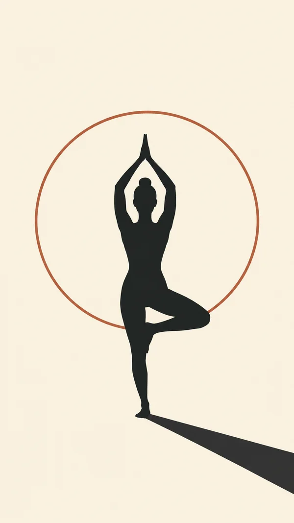 A dark human silhouette balances on one leg with the other leg bent outward and hands joined overhead, inside a terracotta circular outline on a warm ivory…