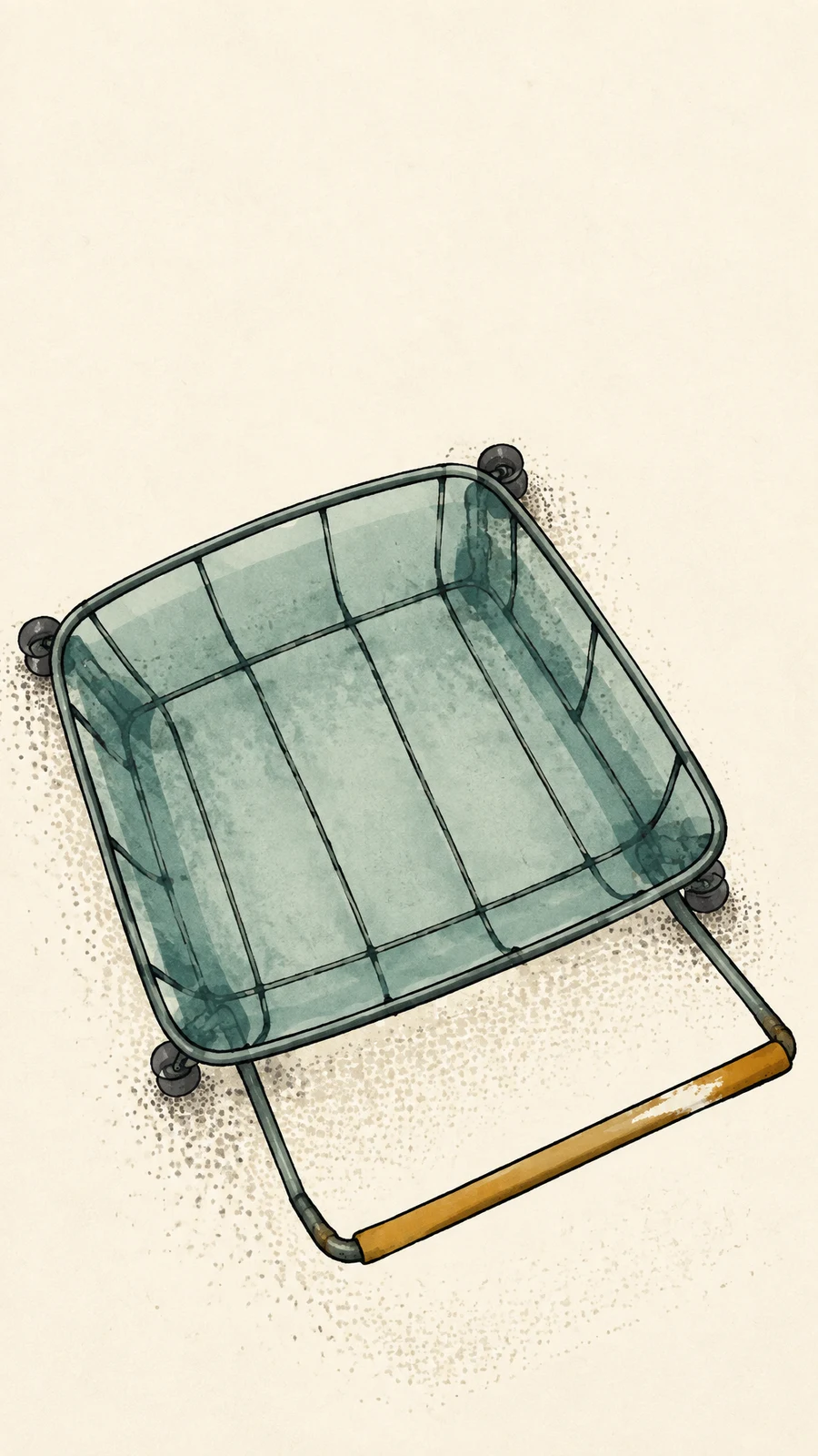 An empty teal shopping cart seen from above, set diagonally on a warm ivory textured background, with four dark wheels and a long ochre handle extending toward…