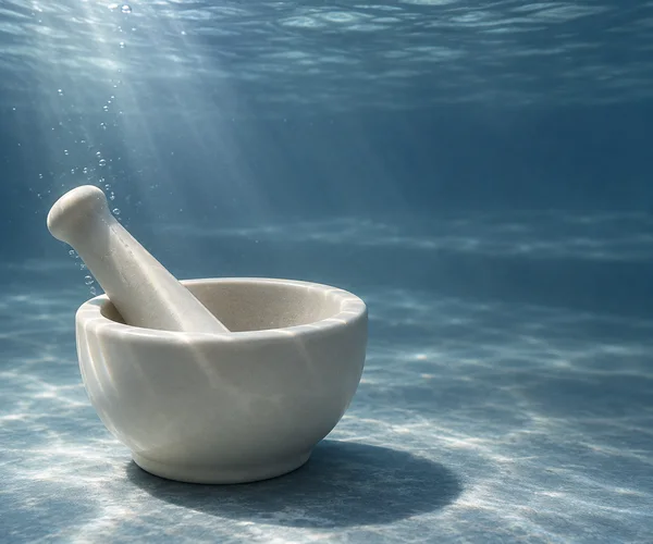 An ivory ceramic mortar with a matching pestle sits on a rippled blue-grey underwater floor, with small bubbles beside the pestle and open water above and to…