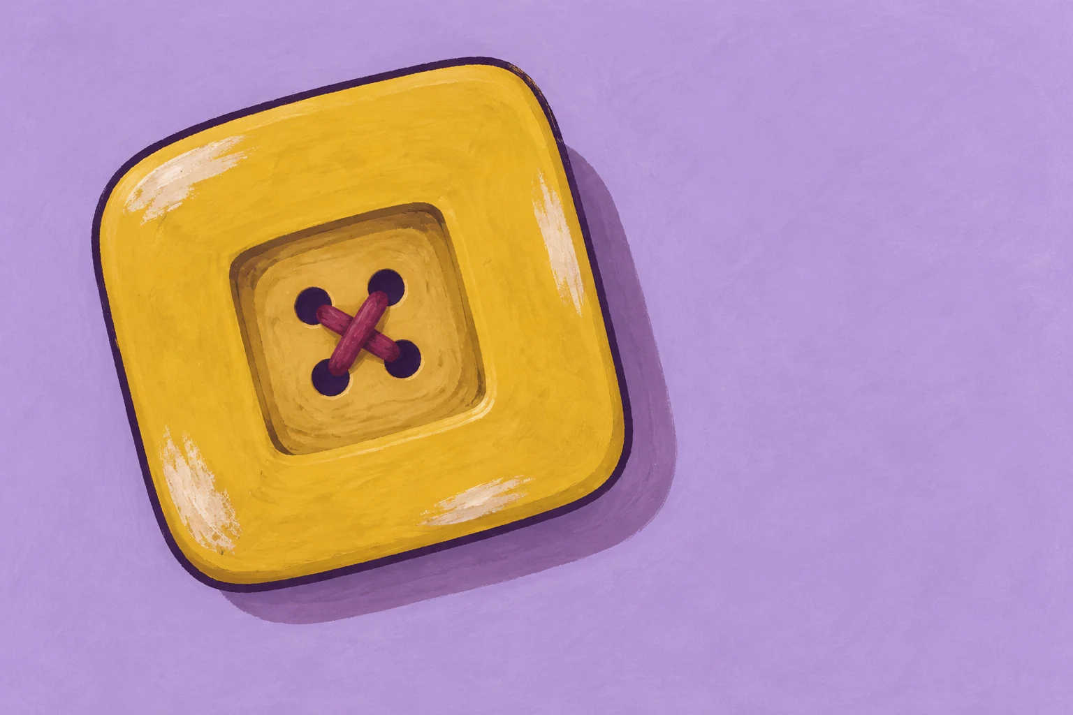 A large, rounded mustard-yellow square button sits left of centre on a lavender background, with four dark holes, crossed burgundy thread, pale wear marks and…