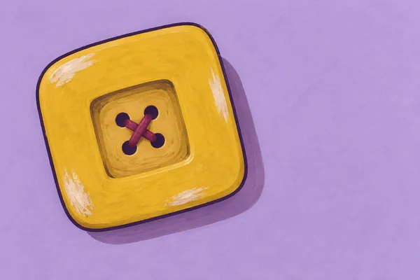 A large, rounded mustard-yellow square button sits left of centre on a lavender background, with four dark holes, crossed burgundy thread, pale wear marks and…