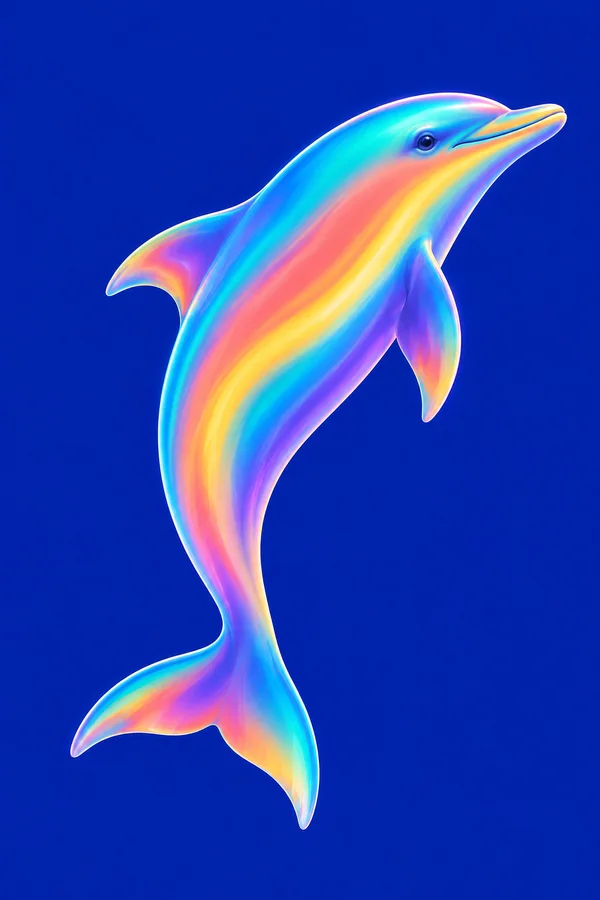 A luminous turquoise, coral, yellow and violet dolphin curves upward against a flat deep-cobalt background, with its beak pointing upper right and tail flukes…